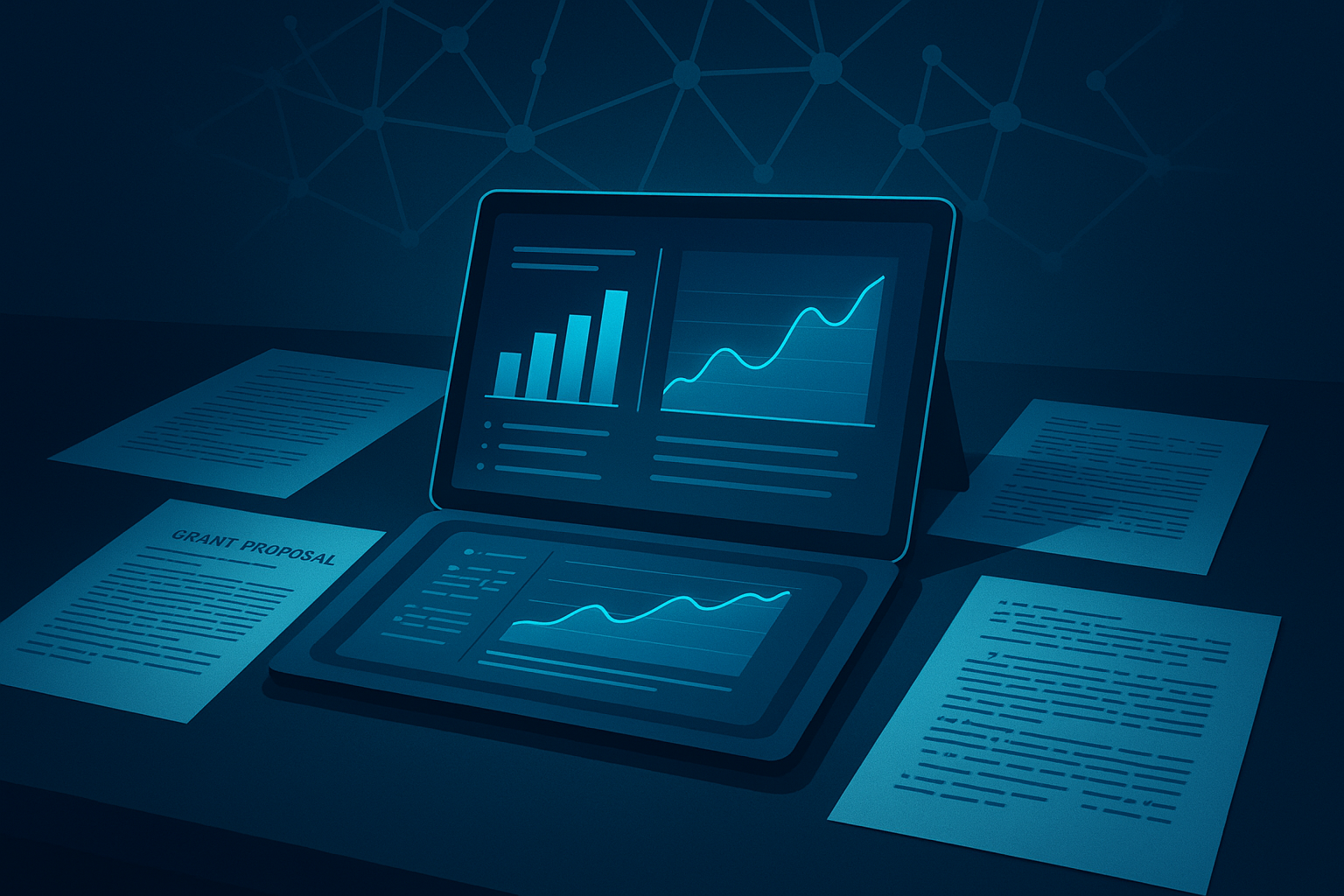 Modern digital workspace with data charts, notes, and neural network outlines in neon blue tones.