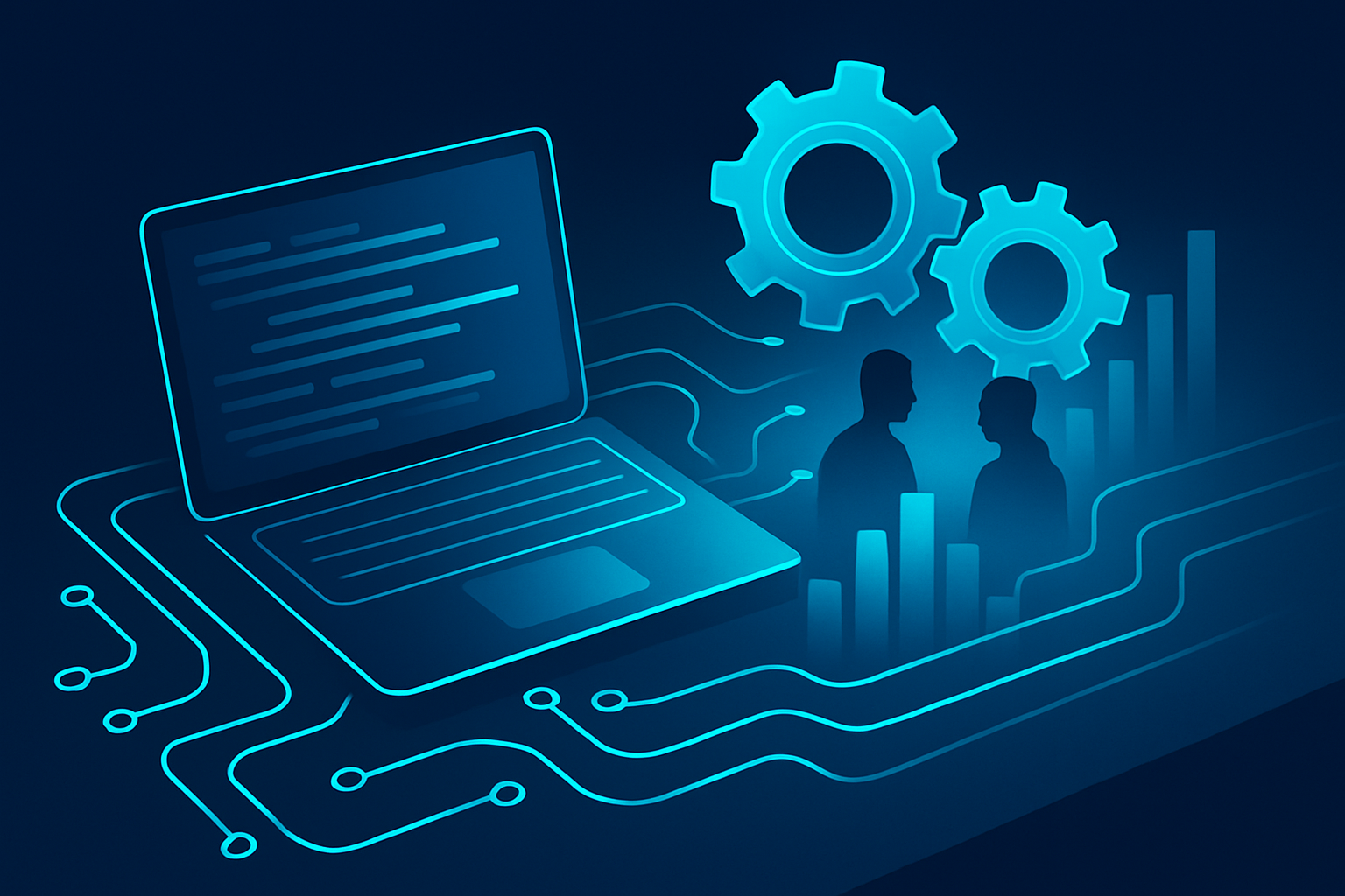 Modern digital workspace with glowing circuit lines, translucent gears, and collaborating human silhouettes.