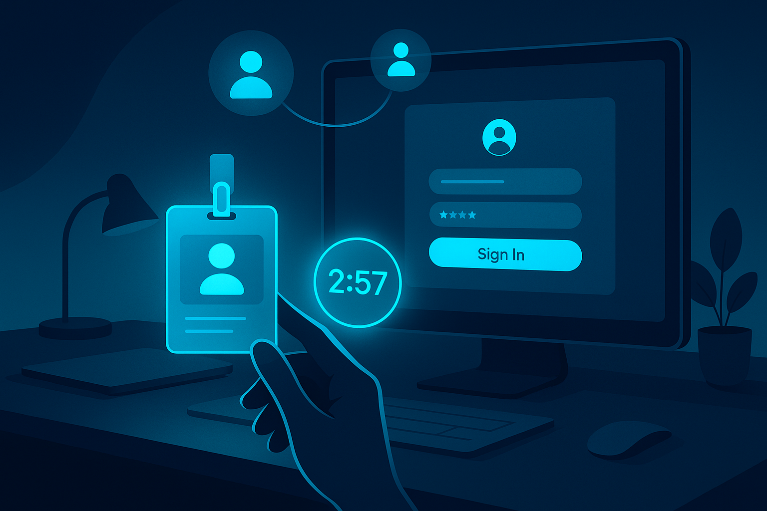 Modern digital workspace with hand interacting with holographic ID badge and countdown timer.
