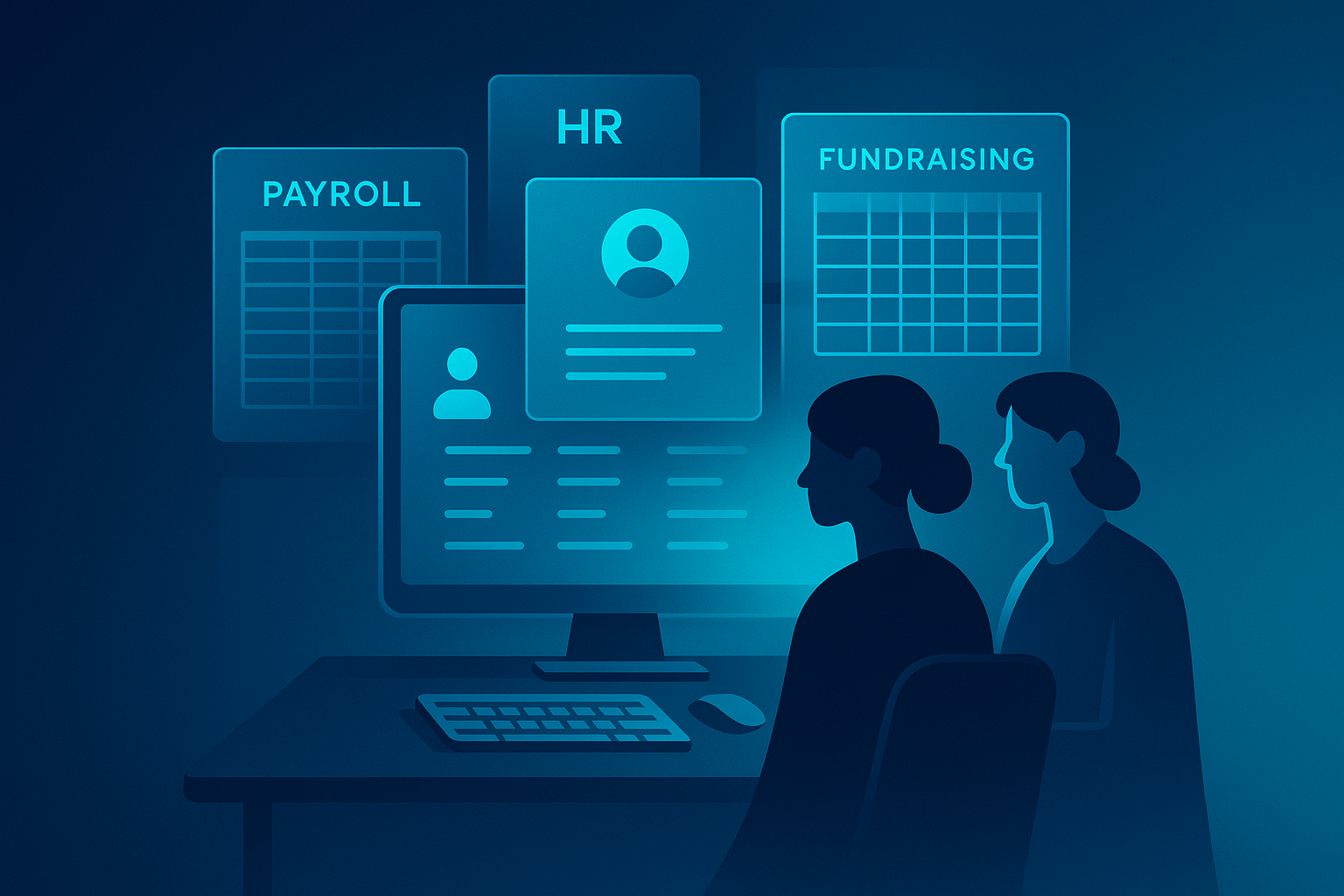 Modern digital workspace with interconnected payroll, HR, and fundraising elements, and collaborating human silhouettes.