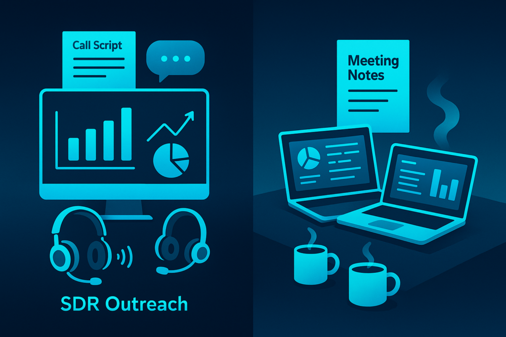 Modern flat illustration of connected workspaces with digital charts, call scripts, notes, and laptops.