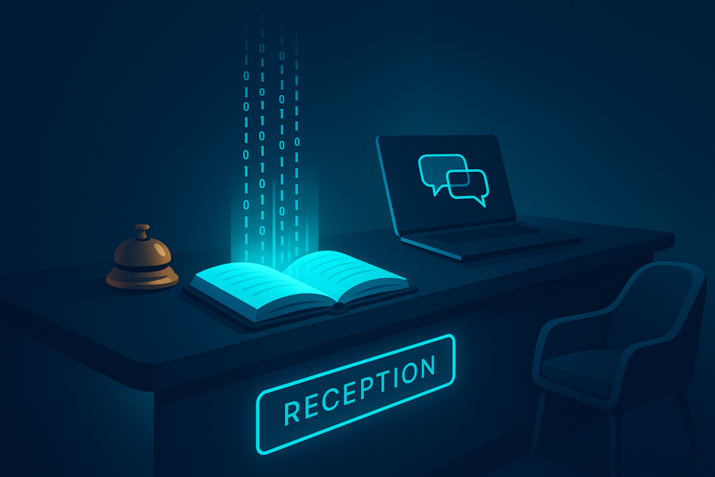 Modern hotel reception with neon-lit desk, vintage bell, open ledger, digital data streams, and laptop.