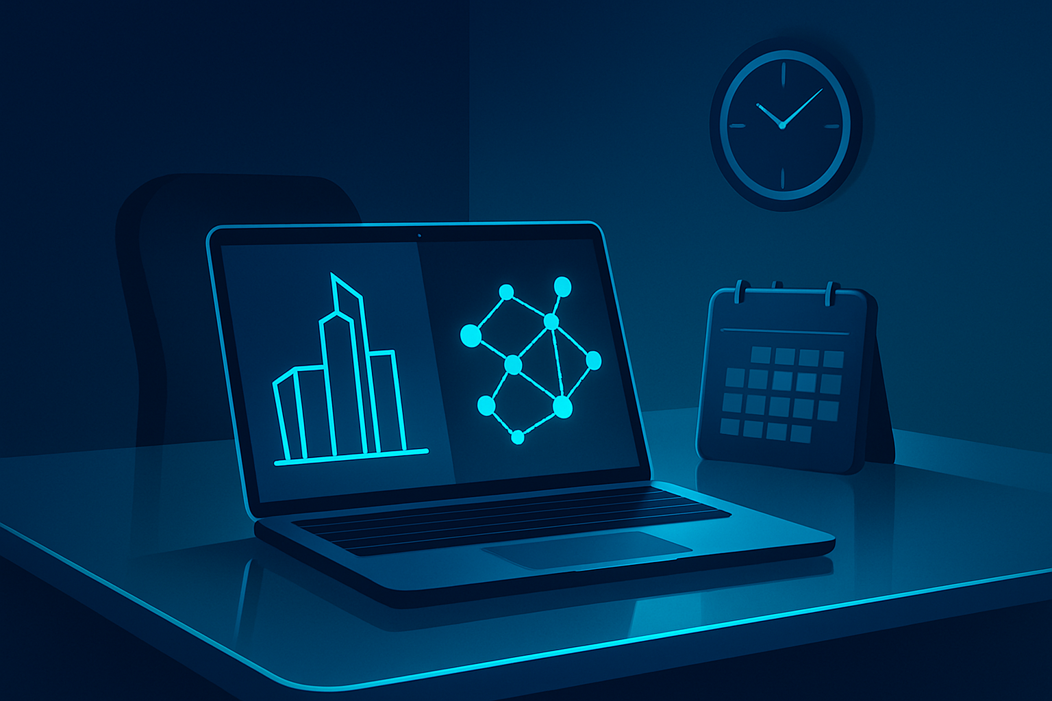 Modern tech workspace with digital blueprint, glowing network, holographic calendar, and stylized clock.