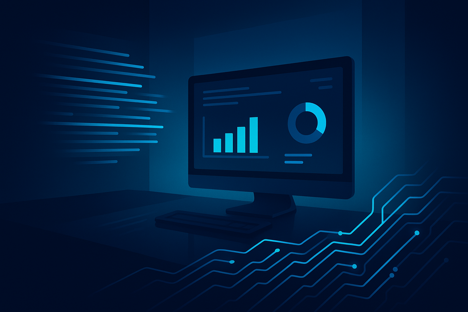 Modern tech workspace with digital dashboard, holographic data streams, and glowing circuit lines in neon blue and cyan.