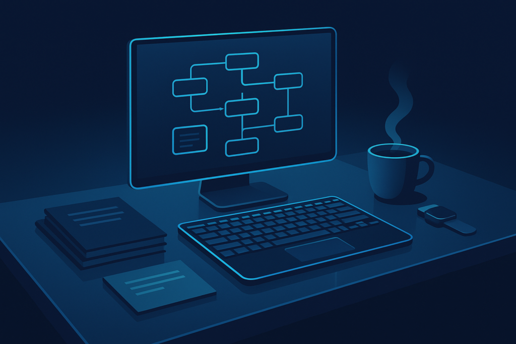 Modern tech workspace with digital flowcharts, glass desk, reports, coffee, and smartwatch.