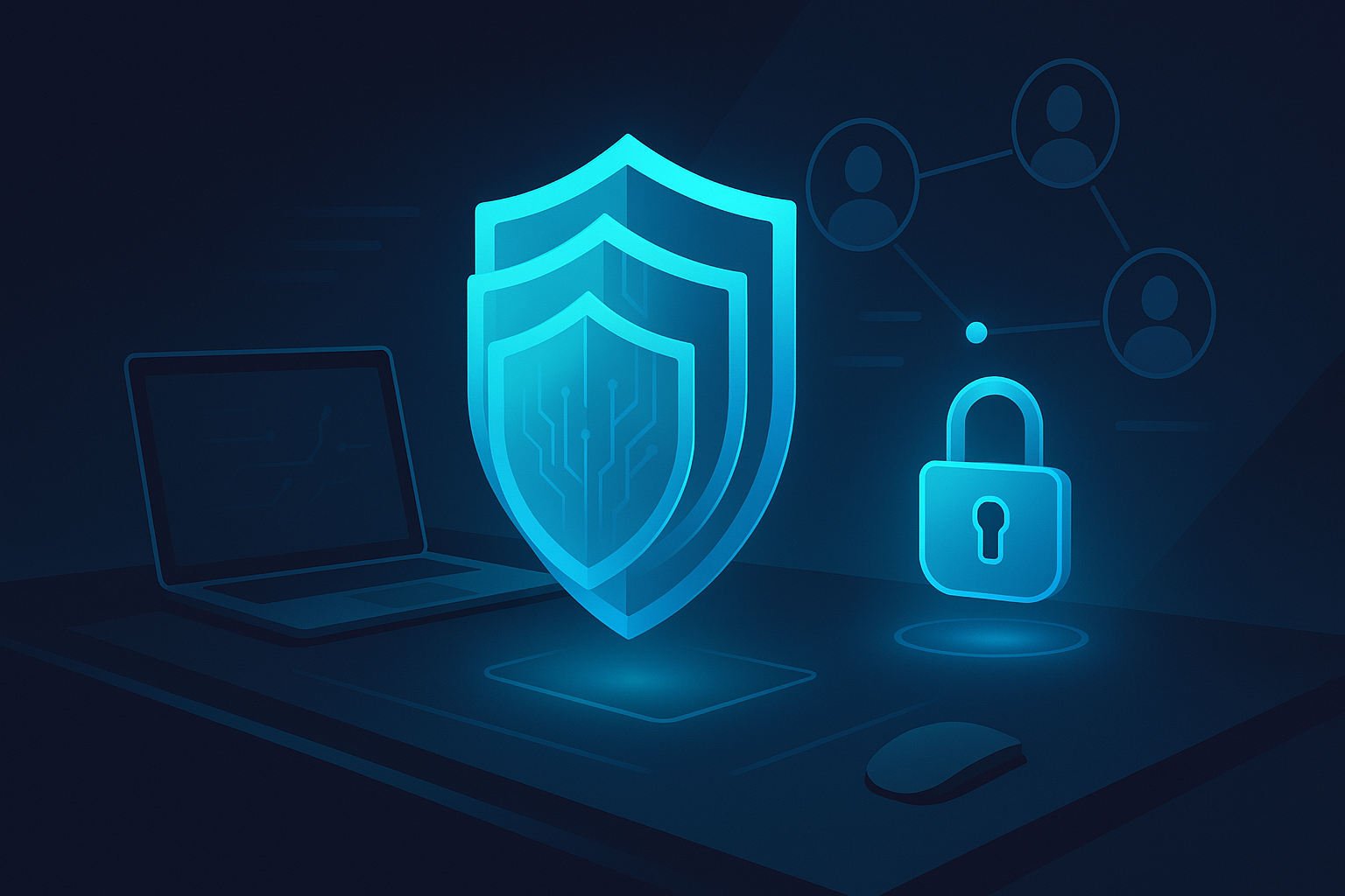Modern tech workspace with digital shields, holographic lock, and interconnected user profiles in neon glow.