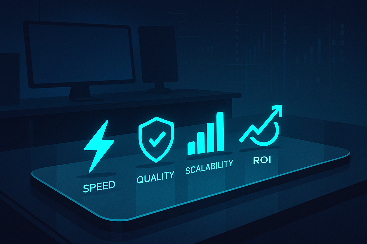 Modern tech workspace with geometric shapes, neon glow, digital grids, and data streams.
