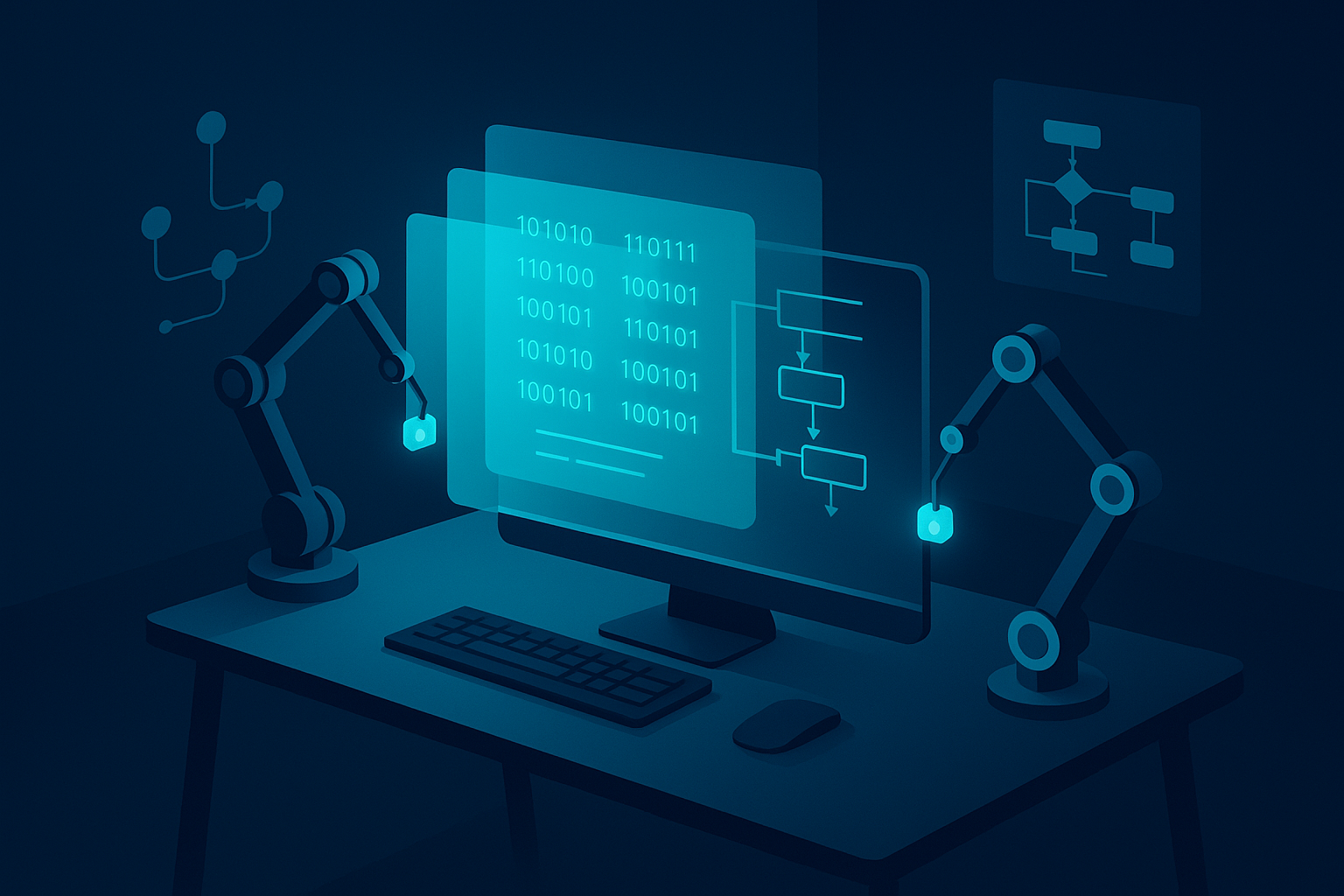 Modern tech workspace with glowing digital data, robotic arms, and flowcharts in neon blue tones.
