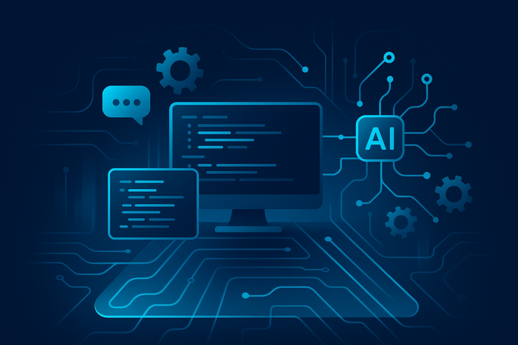 Modern tech workspace with holographic code, AI nodes, circuits, gears, and chat bubbles in neon blue.