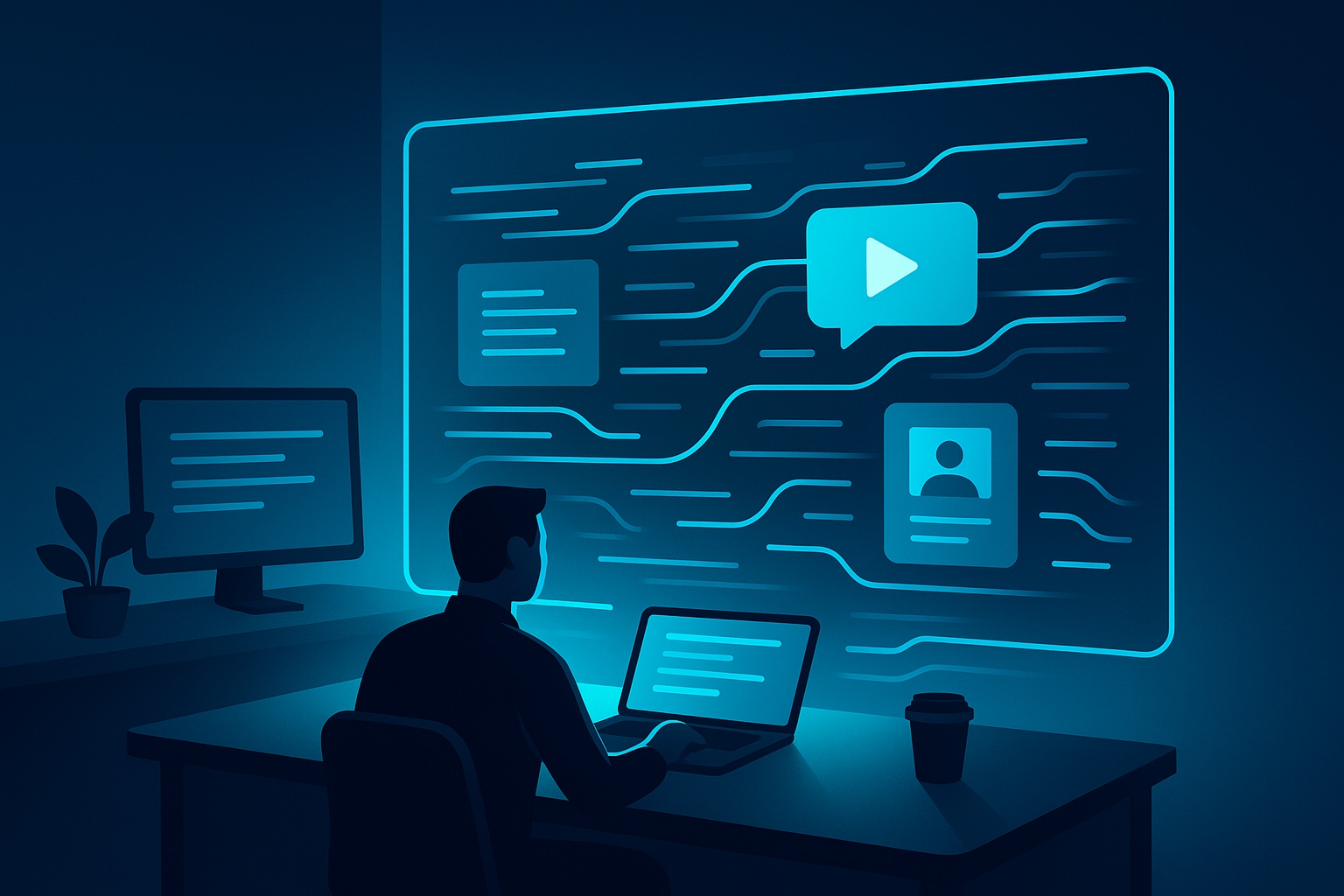 Modern tech workspace with holographic dashboard displaying digital data streams and analytics.