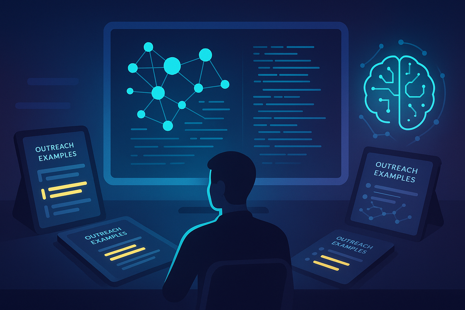 Modern tech workspace with holographic data interface, digital notebooks, AI icon, and human silhouette.