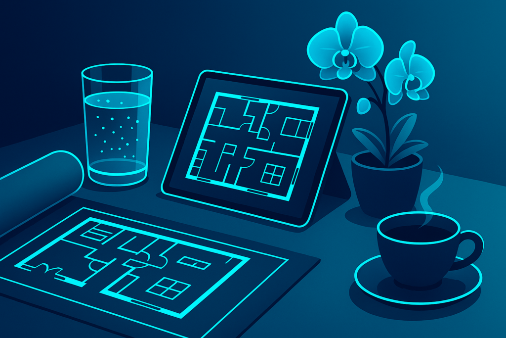 Modern workspace with blueprint, tablet, orchid, coffee, neon glow, dark blue background.