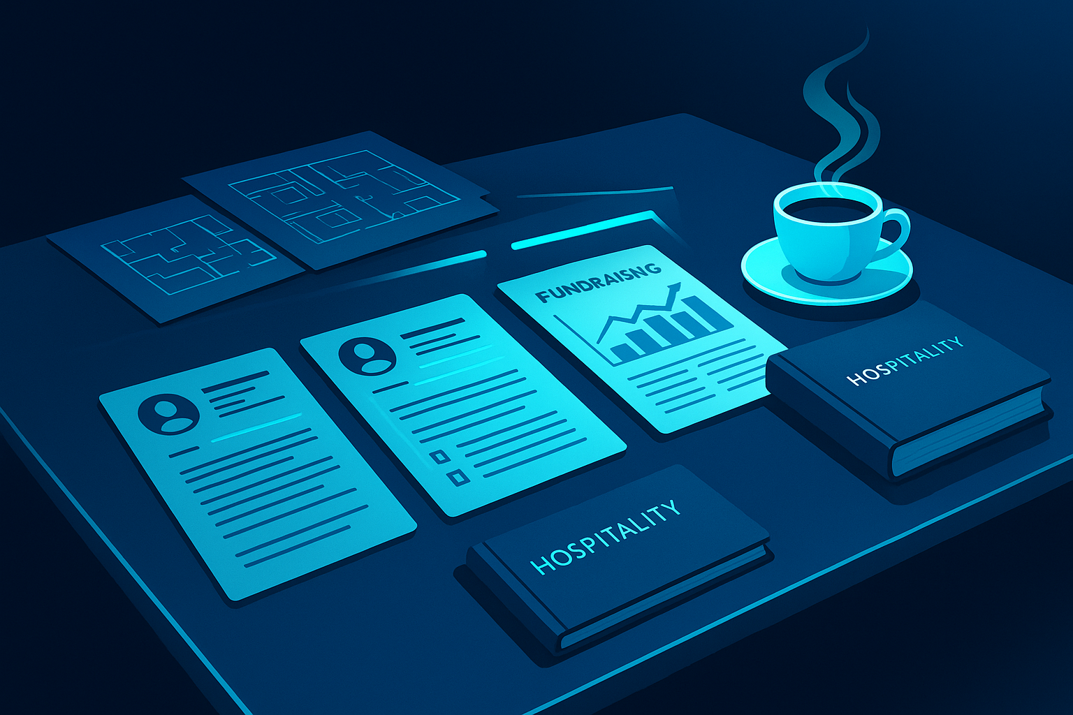 Modern workspace with blueprints, resumes, charts, guestbook, coffee, illuminated by cyan glow.