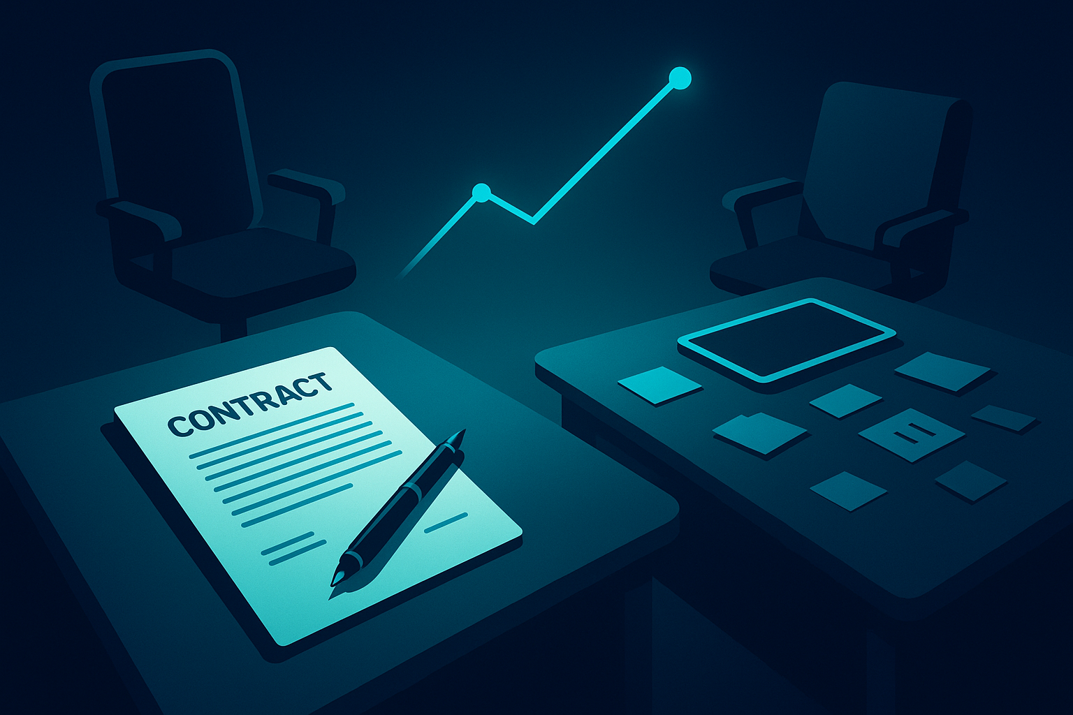 Modern workspace with contrasting desks, contracts, tablets, and a rising earnings graph.