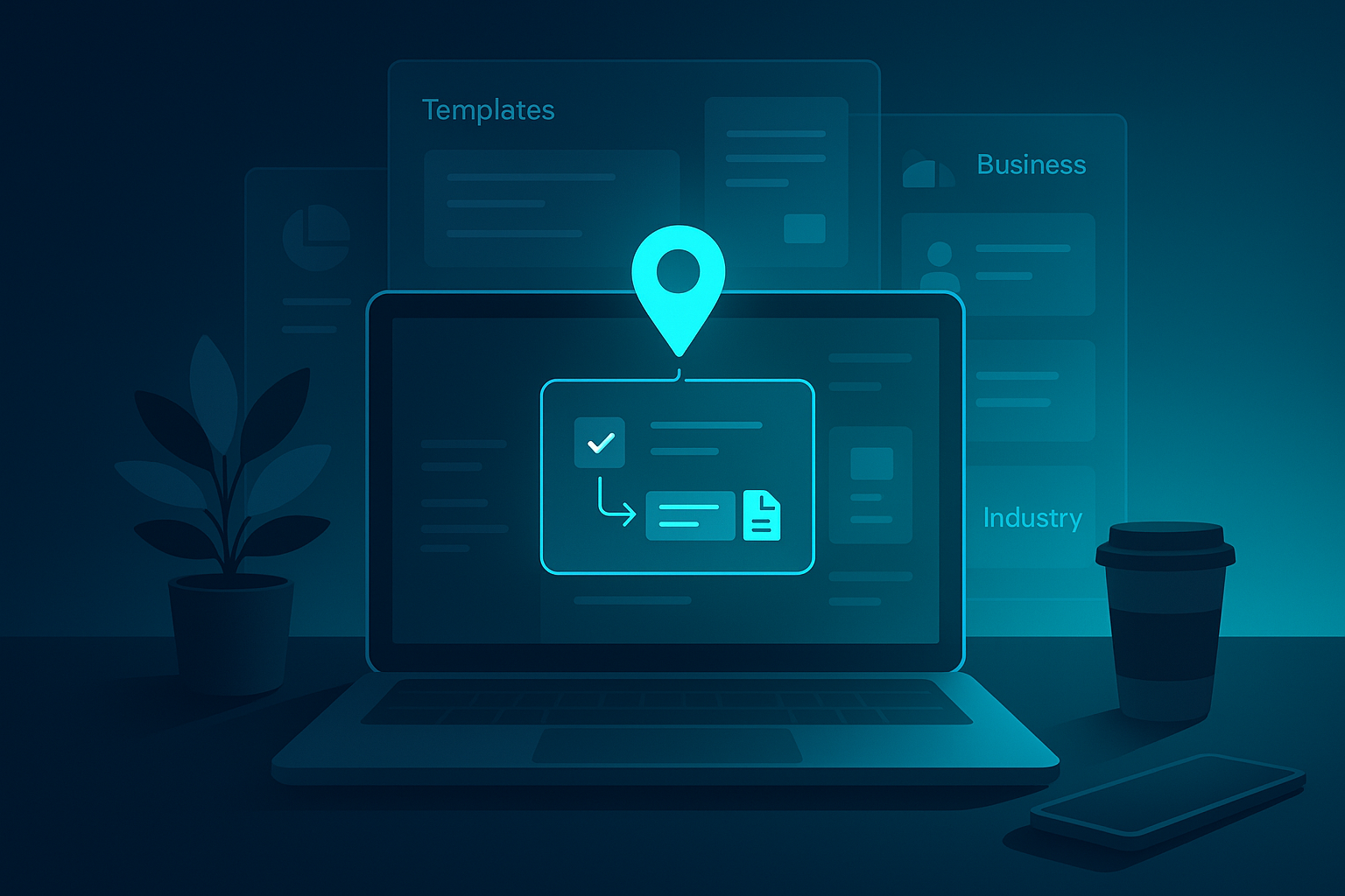 Modern workspace with digital dashboard, layered panels, cyan pin, and workflow icons in neon glow.