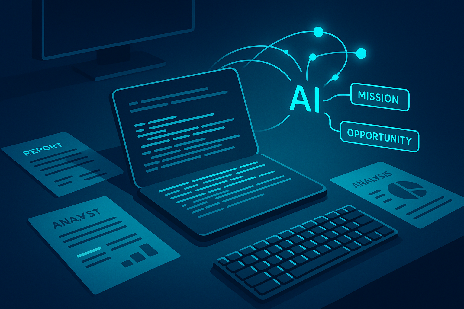 Modern workspace with digital notes, holographic data streams, and AI analysis visuals.