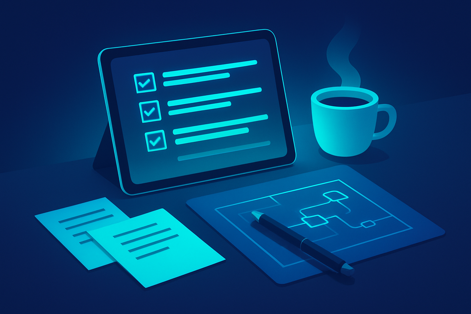 Modern workspace with digital tablet, notes, coffee, and pen on dark blue gradient background.