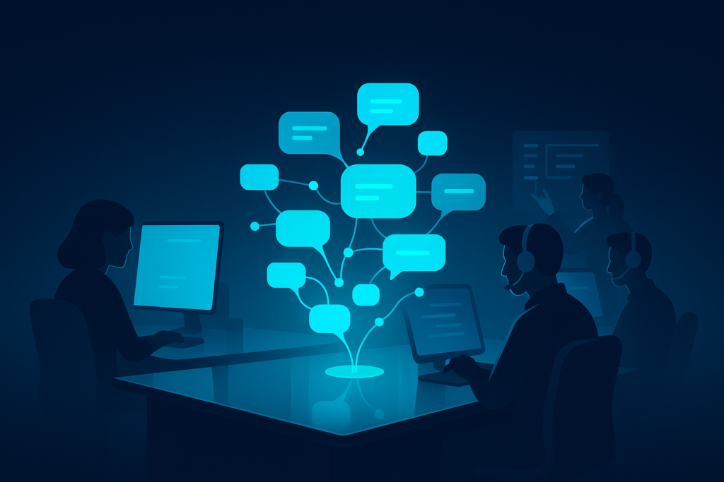 Modern workspace with holographic chat bubbles and support agents using glowing interfaces.