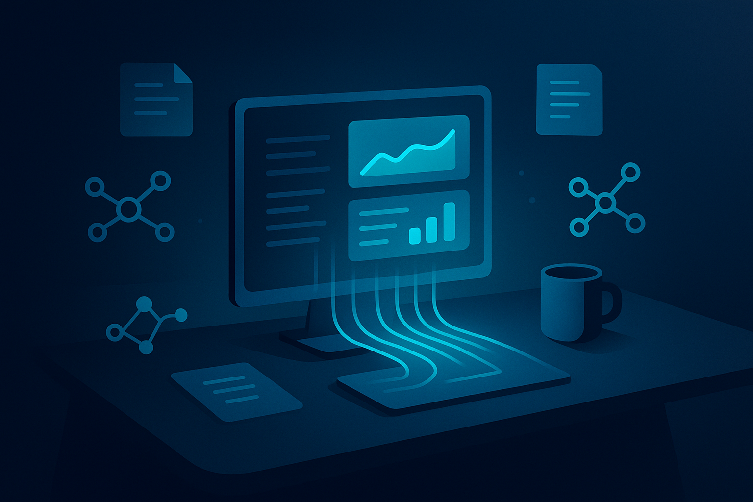 Modern workspace with holographic data charts, network symbols, and floating documents in neon blue and cyan.