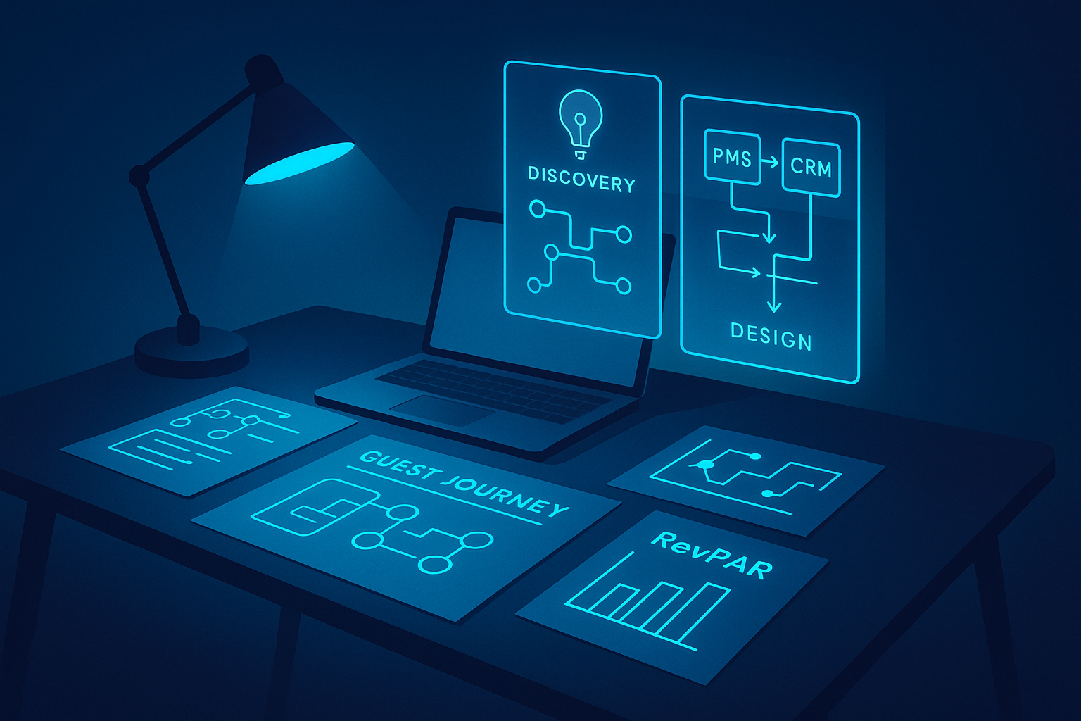 Modern workspace with holographic screens, blueprints, and flowcharts in cool blue and cyan tones.