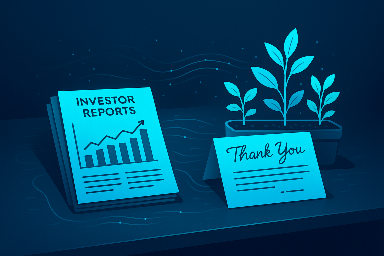 Modern workspace with investor reports, digital graphs, thank-you notes, and seedling plants.