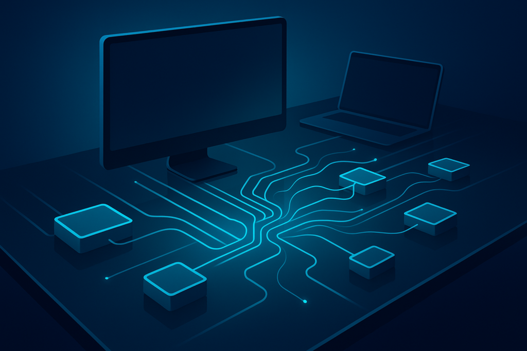 Sleek dark tech workspace with glowing cyan circuit pathways, geometric data blocks, and data threads.