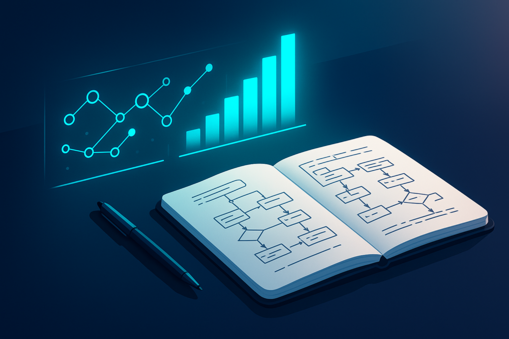 Sleek dark workspace with digital blueprint, flowcharts, pen, and neon cyan data graphics.