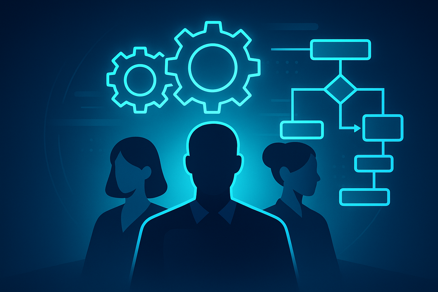 Sleek digital illustration of gears, flowcharts, and diverse professionals on a dark neon backdrop.