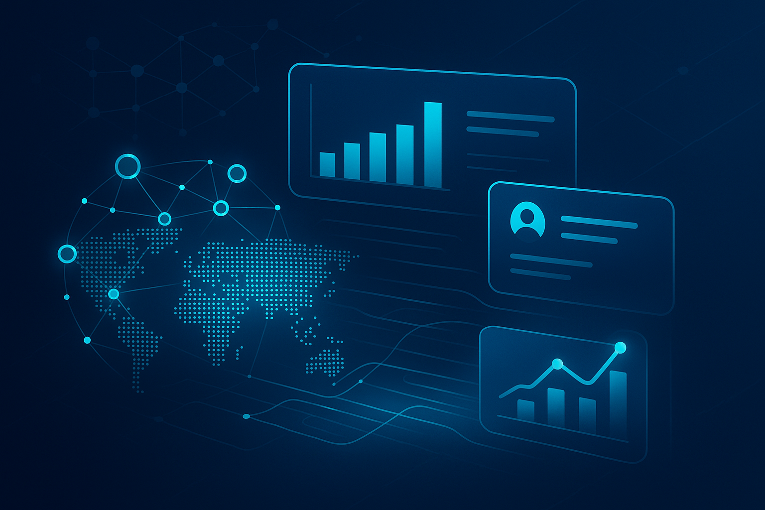 Sleek digital illustration of interconnected data nodes, charts, and profiles in a dark blue neon environment.