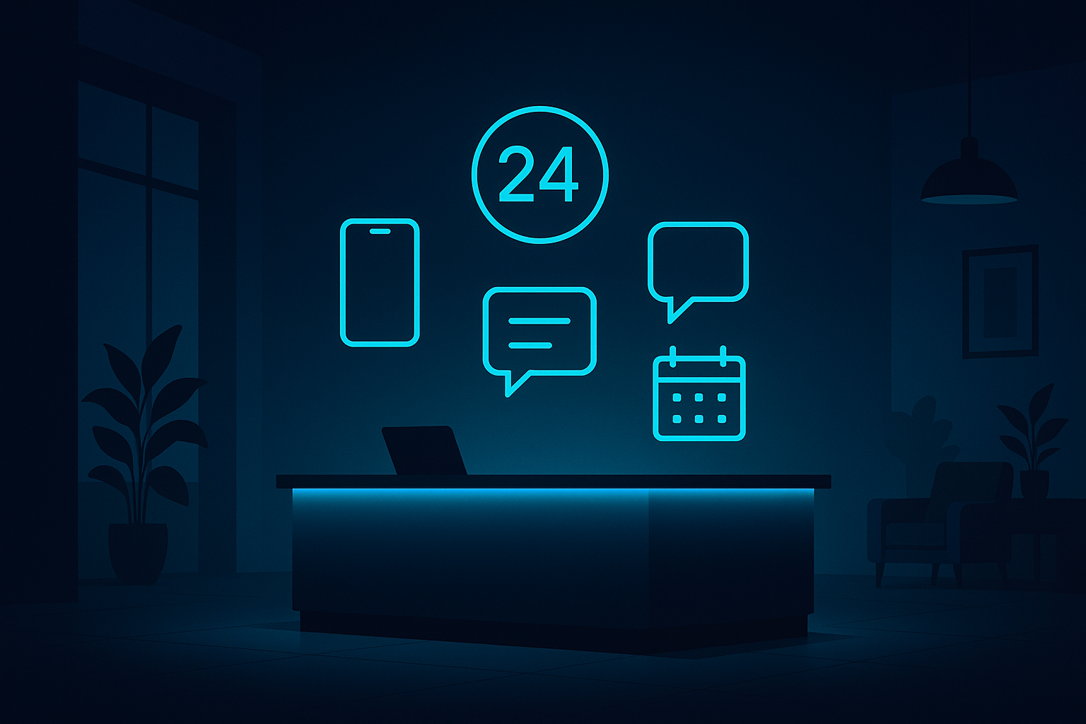 Sleek hotel lobby with digital icons above reception, smartphone, chat, and calendar symbols.