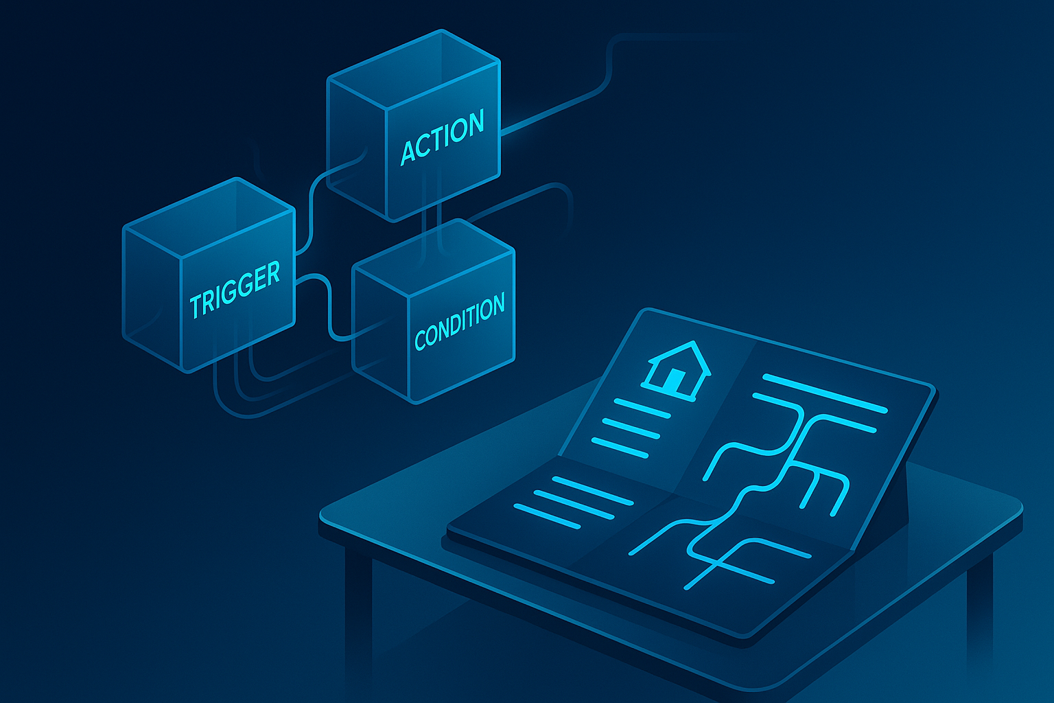 Sleek illustration of interconnected translucent blocks, digital ledger, and flowing data pathways.