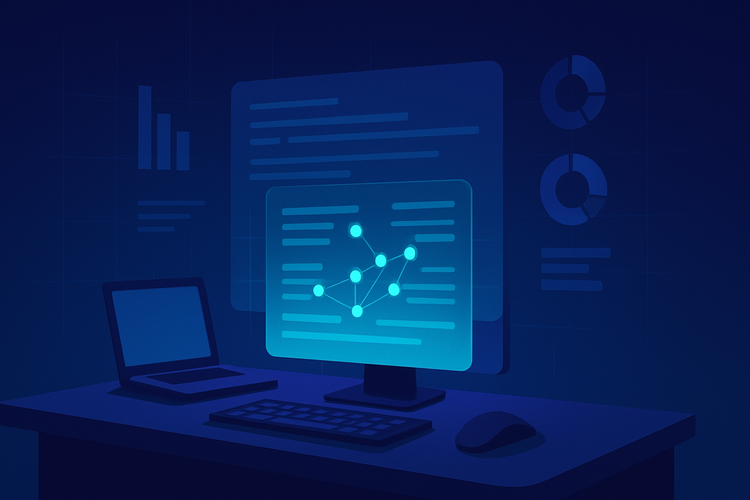 Sleek neon-lit workspace with holographic data streams and glowing nodes representing automation.