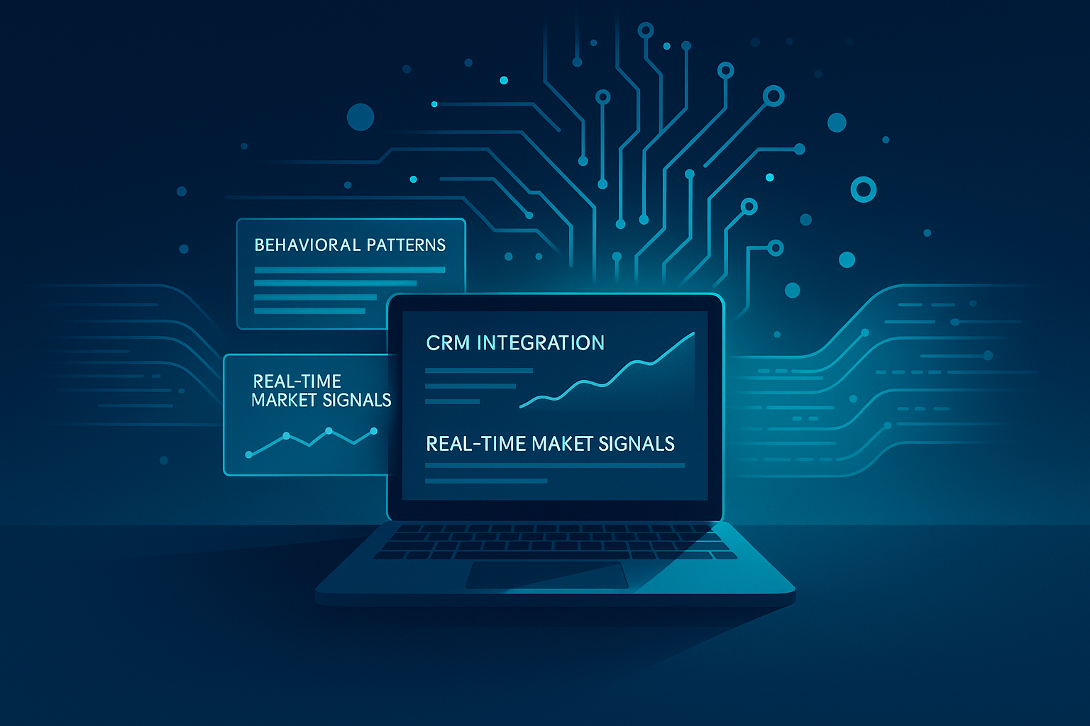 Sleek tech workspace with glowing data streams, circuit patterns, and digital nodes in neon blue tones.