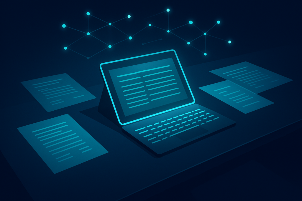Sleek workspace with glowing digital ledger, compliance documents, keyboard, and data nodes in neon blue.