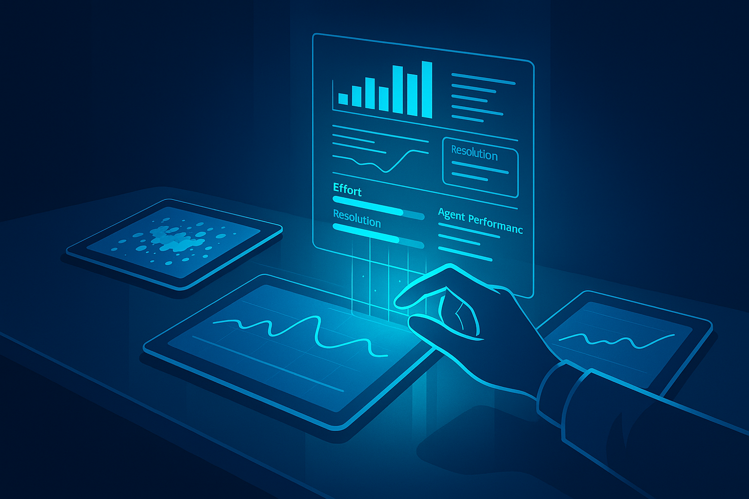 Sleek workspace with hand interacting with holographic data over digital tablets, neon blue lighting.