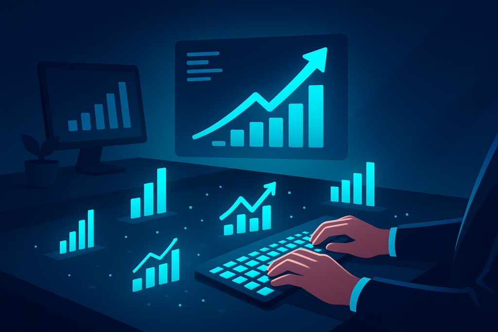 Small business owner typing on backlit keyboard with glowing digital charts and holographic interface.