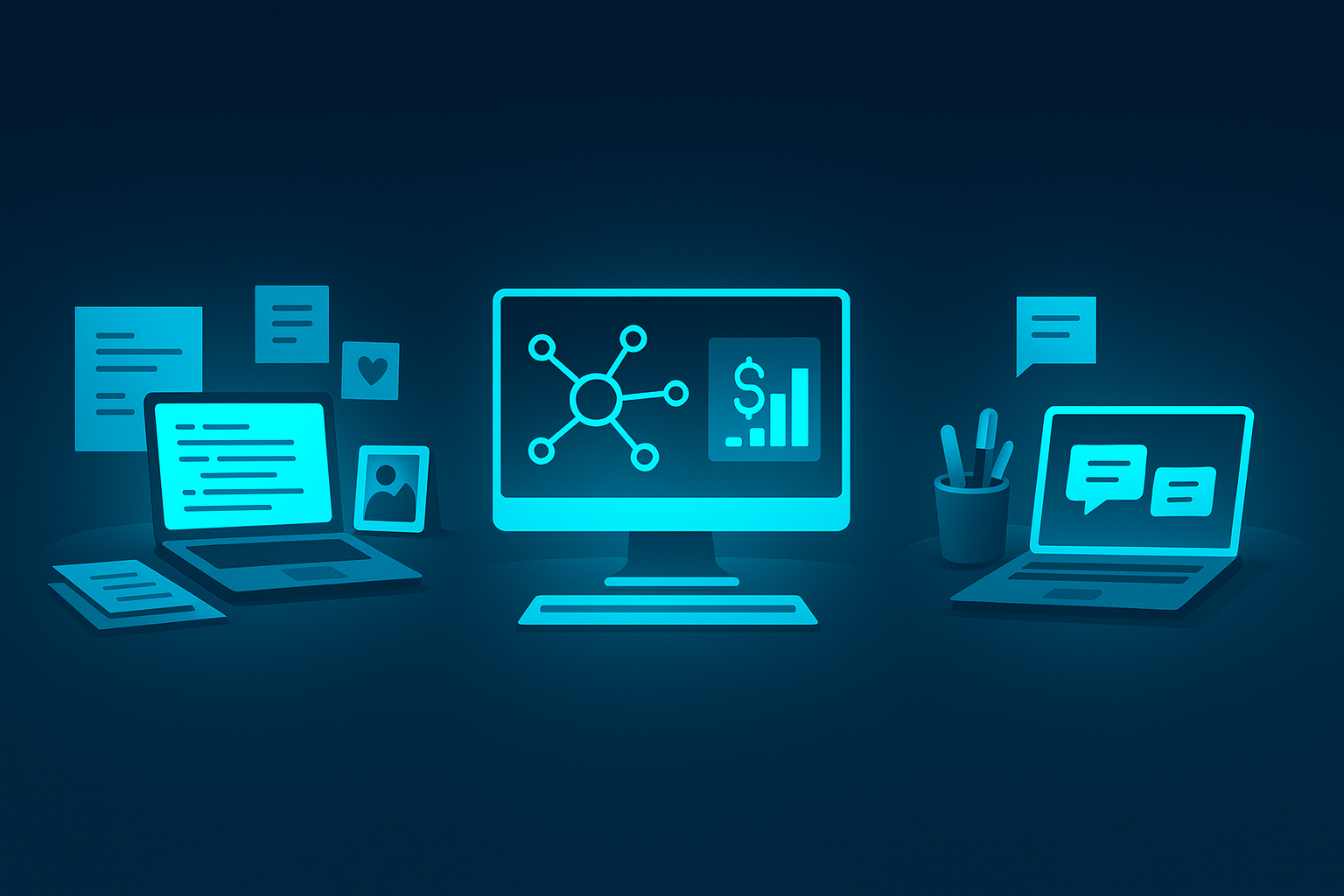 Three illuminated workspaces with laptops, documents, and digital nodes on a dark gradient background.