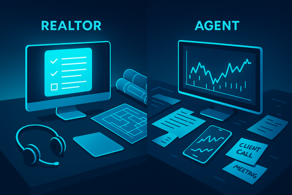 Two contrasting workspaces with neon glow: a sleek digital ledger and busy market charts.