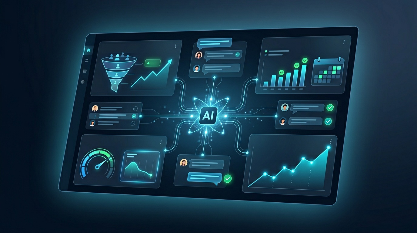 Dashboard showing KPI tracking for AI automation across real estate, recruitment, fundraising, and hospitality verticals