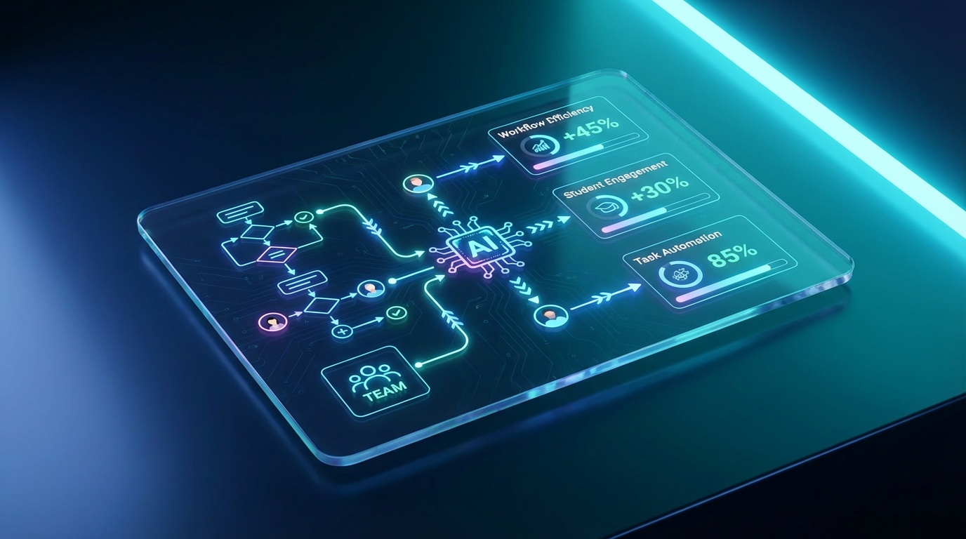 Campus leader reviewing AI-automated workflow metrics on a Notion dashboard
