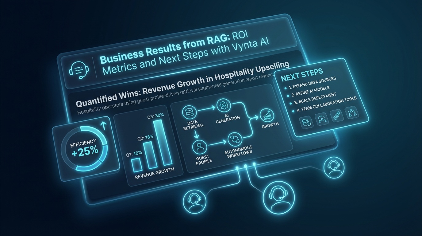 Business dashboard showing RAG ROI metrics including hiring cycle reduction, donor retention rates, and hospitality upselling revenue gains