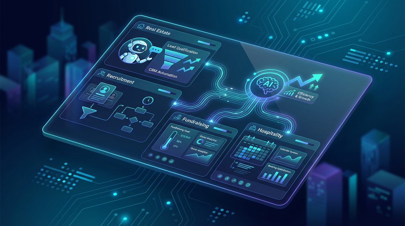 AI workflow optimization tools dashboard showing automation metrics across real estate, recruitment, fundraising and hospitality verticals