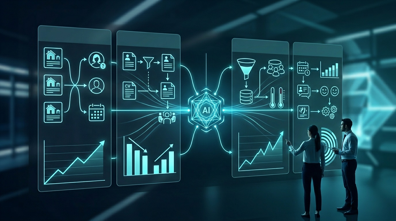 Operations dashboard showing AI agent performance metrics across hospitality and recruitment verticals