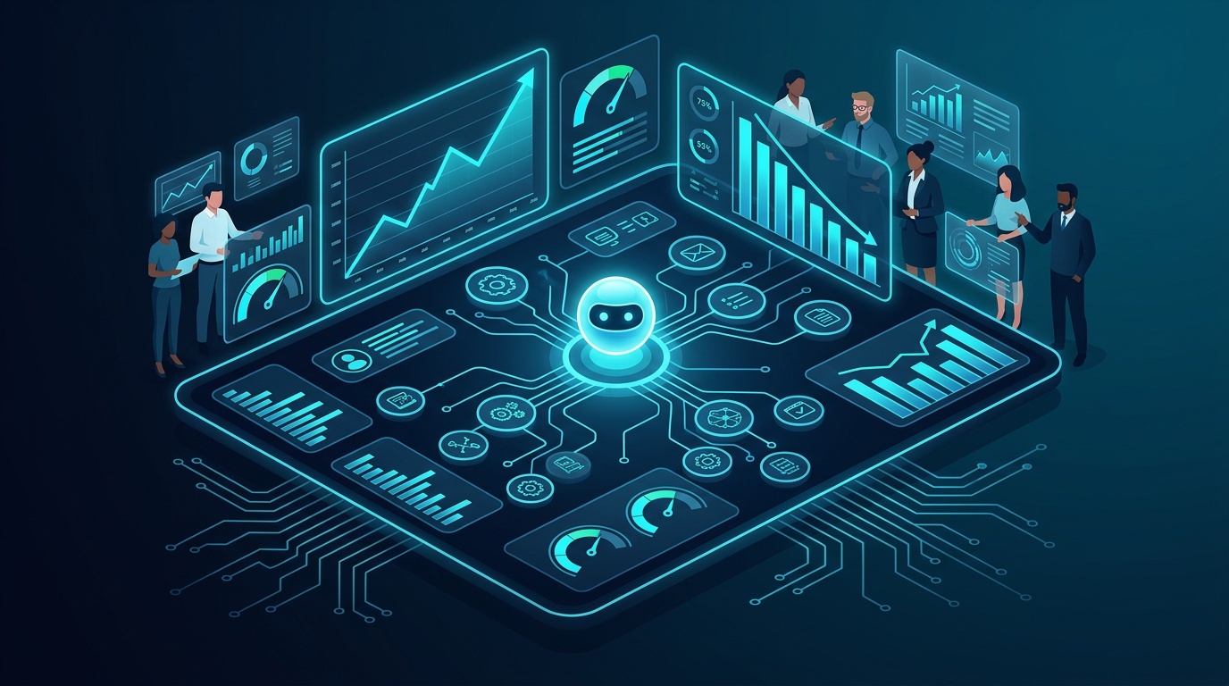 Business team reviewing agentic AI implementation strategy and performance metrics on a dashboard