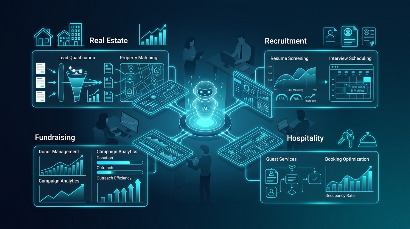 AI workflow automation tools applied across real estate, recruitment, fundraising, and hospitality industries