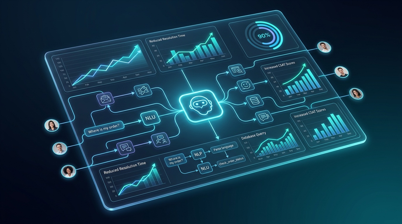 Enterprise AI customer service bot handling multi-channel conversations across web chat, email, and WhatsApp