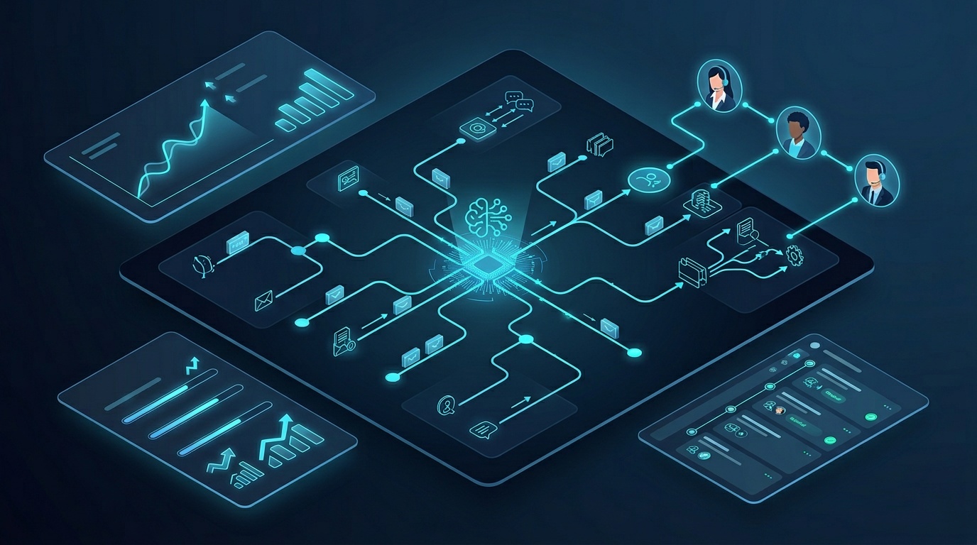 Human and AI collaboration in customer service showing staff working alongside AI agent dashboards