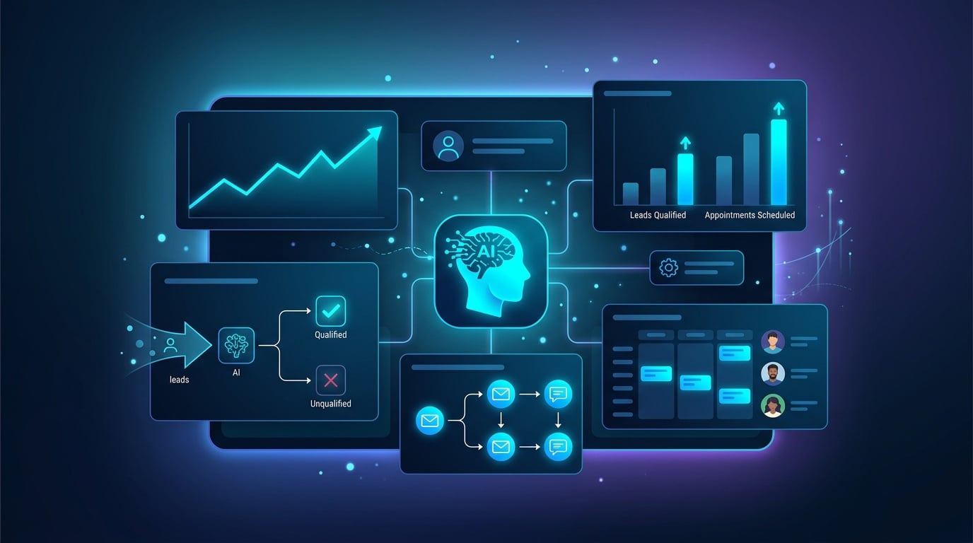 AI automation workflow dashboard showing lead qualification and outreach sequencing metrics