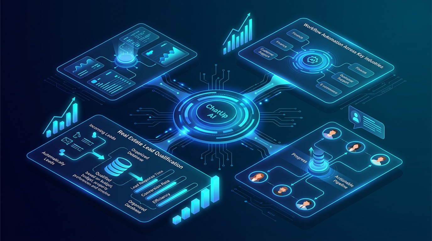 ChatUp AI dashboard showing conversational AI interface for business automation across industries