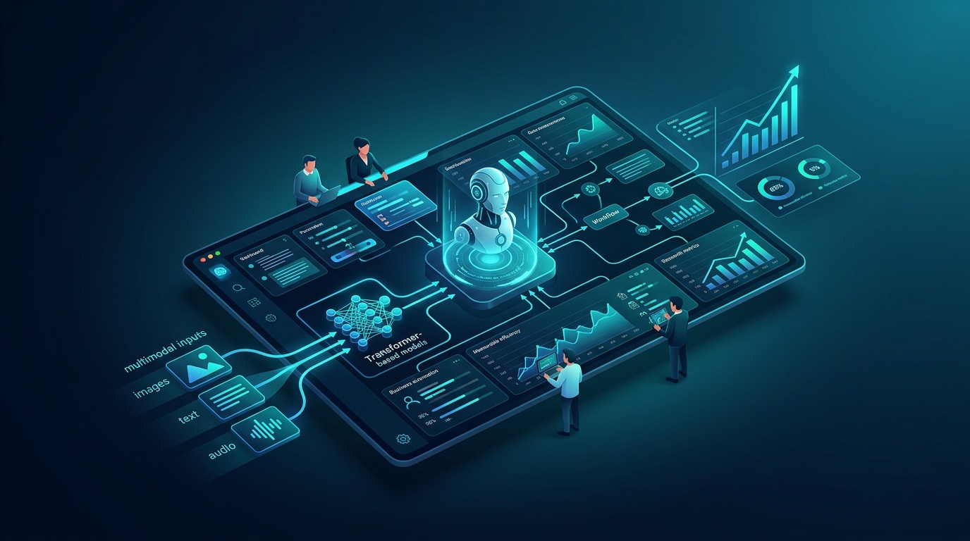 Illustration of multimodal AI processing image, text, and audio inputs simultaneously for enterprise automation